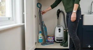 The slim profile of a Shark steam mop stored neatly in a narrow UK utility cupboard or under-stairs space.