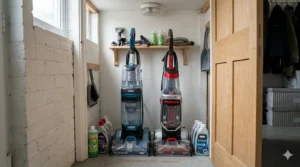 Vax and Bissell upright carpet cleaners stored neatly inside a compact under-stairs cupboard alongside cleaning accessories.