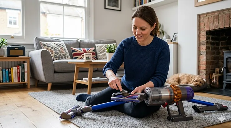 A person performing a routine maintenance check on a cordless vacuum cleaner in a bright British living room, illustrating the core steps of a vacuum cleaner maintenance guide. Vacuum Cleaner Maintenance Guide