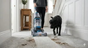 A Vax carpet cleaner removing muddy paw prints from a high-traffic hallway carpet, with a black Labrador standing nearby.