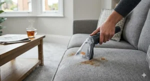 Using the Vax handheld upholstery tool to extract a tea stain from a grey fabric sofa cushion in a bright living room.
