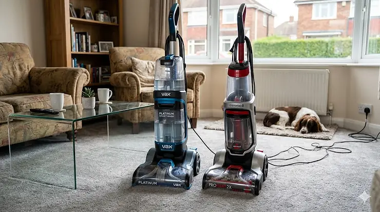 Side-by-side comparison of a Vax Platinum SmartWash and a Bissell ProHeat 2X Revolution carpet cleaner on a grey plush carpet in a sunlit UK living room. Vax vs Bissell carpet cleaner
