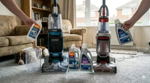 A selection of Vax and Bissell carpet cleaning solutions and specialist shampoos available for UK consumers.