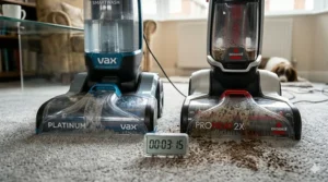 A digital timer placed next to a freshly cleaned carpet to demonstrate the quick drying times of the Vax and Bissell models.