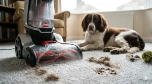A Bissell carpet cleaner removing pet hair and paw prints from a rug, with a dog resting in the background of a British home.