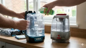 Demonstration of refilling the clean water tanks for the Vax and Bissell machines on a wooden kitchen worktop.