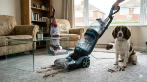 A person demonstrating the easy manoeuvrability and handling of a Vax carpet cleaner around furniture in a typical UK lounge.
