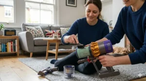 A pair of hands rinsing a HEPA filter under a cold water tap, showing the proper way to wash and maintain vacuum filters.