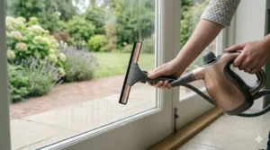 A person using the window squeegee attachment on a handheld steam cleaner to remove streaks from glass patio doors.