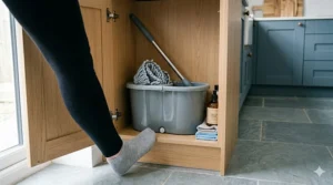 An adjustable stainless steel telescopic handle on a spin mop, showing its ergonomic design for different heights.