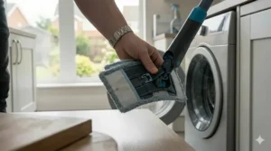 A person attaching a clean, blue-trimmed microfibre cloth pad back onto the frame of a floor mop.