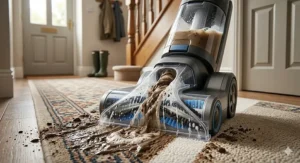 A powerful upright carpet cleaner (carpet washer) actively removing a tough mud stain from a runner carpet in a traditional British hallway runner.