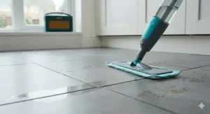 An ergonomic flat mop with a microfibre pad wiping away a wet spill on large slate-grey porcelain kitchen floor tiles.