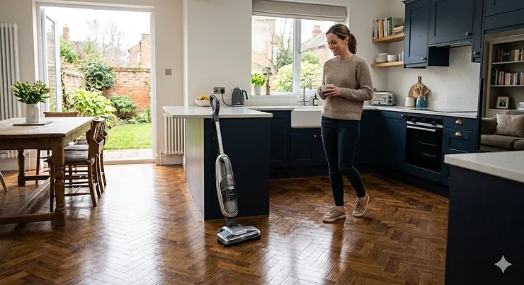 A woman in a modern British kitchen with navy cabinetry smiles at an upright electric floor polisher. Natural daylight from open French doors illuminates the polished wood herringbone parquet floor. best floor polisher