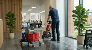 A compact, lightweight domestic floor scrubber being used to clean grout lines on stone floor tiles in a modern British kitchen.