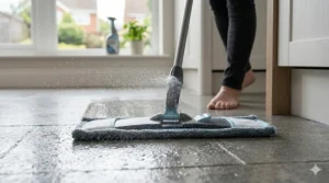 A top-rated microfibre spray mop releasing a fine mist onto a light laminate floor.