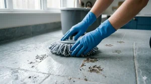 A damp spin mop being used gently on an oak-style engineered wood floor in a British living room.