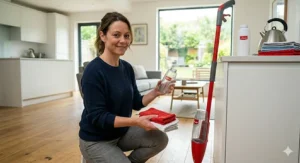 An overview of a red spray mop kit featuring a clear fluid bottle, microfibre cleaning cloths, and floor cleaner solution on a white kitchen worktop.
