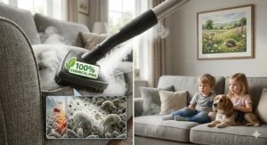 A steam cleaner sanitising a family sofa in a British living room, with a transparent view showing bacteria and allergens dissolving, highlighting 100% chemical-free cleaning.