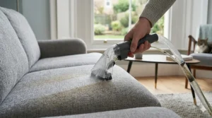 Refreshing a grey fabric sofa using the Rug Doctor hand tool and specialist detergent.