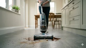 Hard floor cleaner suctioning up a spilled drink on a modern lino kitchen floor.