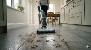 Hard floor cleaner effectively removing muddy dog paw prints from a stone kitchen floor.