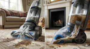 A British homeowner using a carpet cleaner with powerful extraction to lift a fresh pet accident from a generic area rug, with a golden retriever in the background.