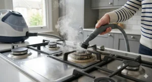 A squeegee attachment on a cylinder steam cleaner being used to clean traditional white sash windows.
