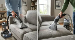 Side-by-side comparison of a user using a steam cleaner handheld attachment vs a carpet cleaner upholstery tool on a textured grey fabric sofa.