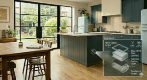 An illustration showing how a cordless floor scrubber stores away neatly inside a compact British utility cupboard.