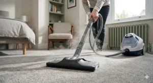 A compact cylinder steam cleaner neatly stored in a typical under-stairs cupboard alongside a British vacuum cleaner.