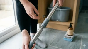A spin mop and bucket neatly stored inside a narrow UK utility cupboard under the stairs.