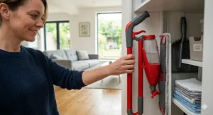 A person reaching for a red spray mop stored neatly inside a compact utility cupboard next to folded microfibre cloths.