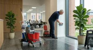 Close-up illustration highlighting a cordless floor scrubber with a visible lithium-ion battery pack, showcasing untethered cleaning.