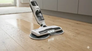 Close-up illustration of a cordless electric mop with a flexible swivel head cleaning around a kitchen island.