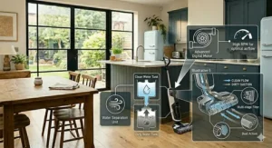 A cordless floor scrubber sitting on its self-cleaning charging dock plugged into a British wall socket.