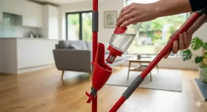 A close-up view of a person detaching the clear liquid reservoir tank from a red spray mop handle to refill it.