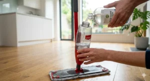 Close-up of a person pouring an eco-friendly floor cleaning solution from a bottle into the refillable cartridge of a red spray mop.