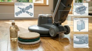 A lightweight electric floor polisher positioned next to a bottle of eco-friendly liquid floor wax on a solid timber floor.