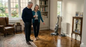 A detailed low-angle photorealistic photograph taken from within a British home. An elegant elderly man in a sage green sweater reads a book in a leather armchair. On the continuing herringbone parquet floor, a domestic floor polisher is seen actively working, creating a visible line of polished wood. Natural light from a mullioned window.