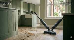 A split-screen illustration showing a section of dirty wood flooring ('Before') transformed to a gleaming, clean surface ('After') by an electric mop, with a prominent 'best results' arrow.
