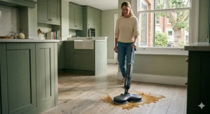 An illustration of an electric mop standing upright in a sleek, minimalist storage dock and charging base, next to a modern radiator and plant in a compact London flat hallway.