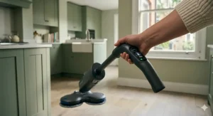 A technical illustration of an electric mop handle, featuring a backlit control panel with spray button and a battery status indicator, emphasising cordless convenience and runtime.