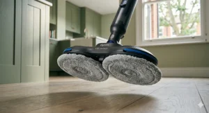 An infographic illustration showcasing the dual spinning microfibre pads on an electric mop, demonstrating how they lift dirt and grime from hard floors, suitable for a product feature.