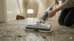 A split-screen illustration showing a cordless electric mop cleaning grey kitchen tiles and honey-coloured laminate flooring.