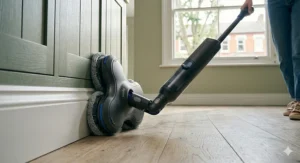 A close-up graphic of an electric mop head pivoting effortlessly into a tight corner by a white kitchen plinth, illustrating the machine’s manoeuvrability in smaller British homes.