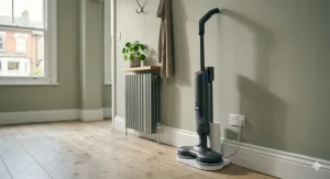 A compilation illustration showing an electric mop cleaning four distinct floor types common in UK homes: light oak wood, grey ceramic tiles, textured laminate, and dark linoleum.