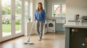 Alt text for image 9: A full-length photorealistic image of a woman smiling next to the clean electric spin mop on a light wood kitchen floor, while a white charger cord is plugged into a standard British three-pin wall socket on the kitchen island.