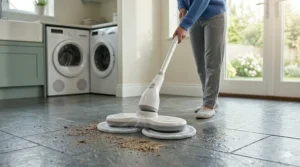 Alt text for image 8: A high-detail photorealistic image of the electric spin mop being used by a woman to lift embedded grime from dark grey stone kitchen floor tiles using the front water spray jet.