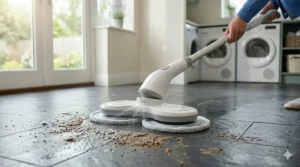 Alt text for image 5: A high-resolution photorealistic close-up of the electric spin mop actively cleaning a heavy, dried mud spill with pet paw prints on a dark slate tile floor, using the integrated spray function.